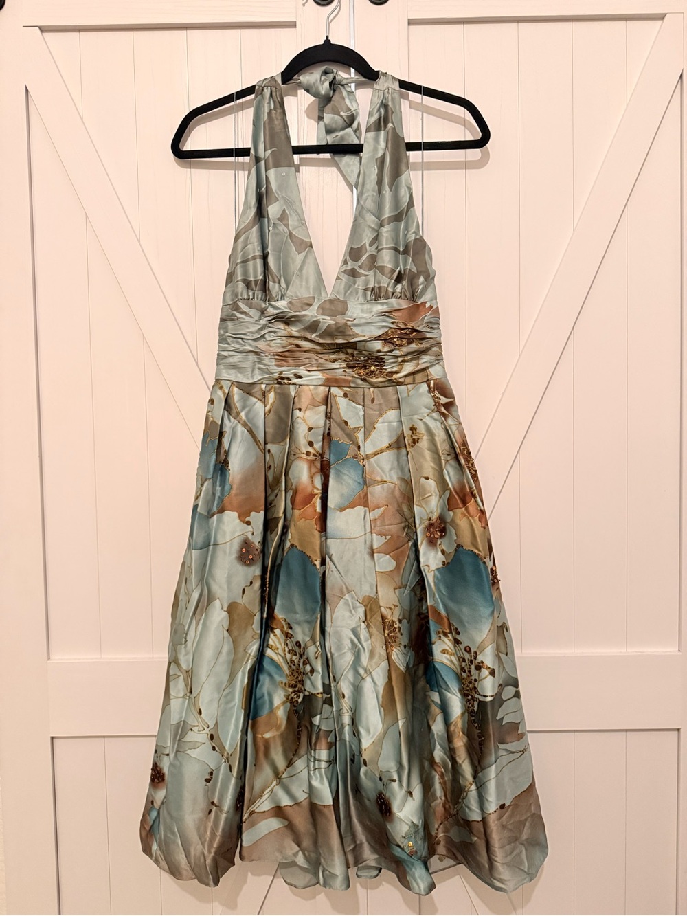 Adrianna Papell Floral Halter Backless Midi Dress in Aqua and Beige